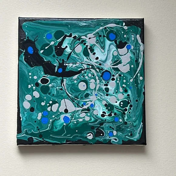 Original Paint Pour Art - 8x8 wrapped canvas with greens, blue, silver & white - Picture 11 of 11